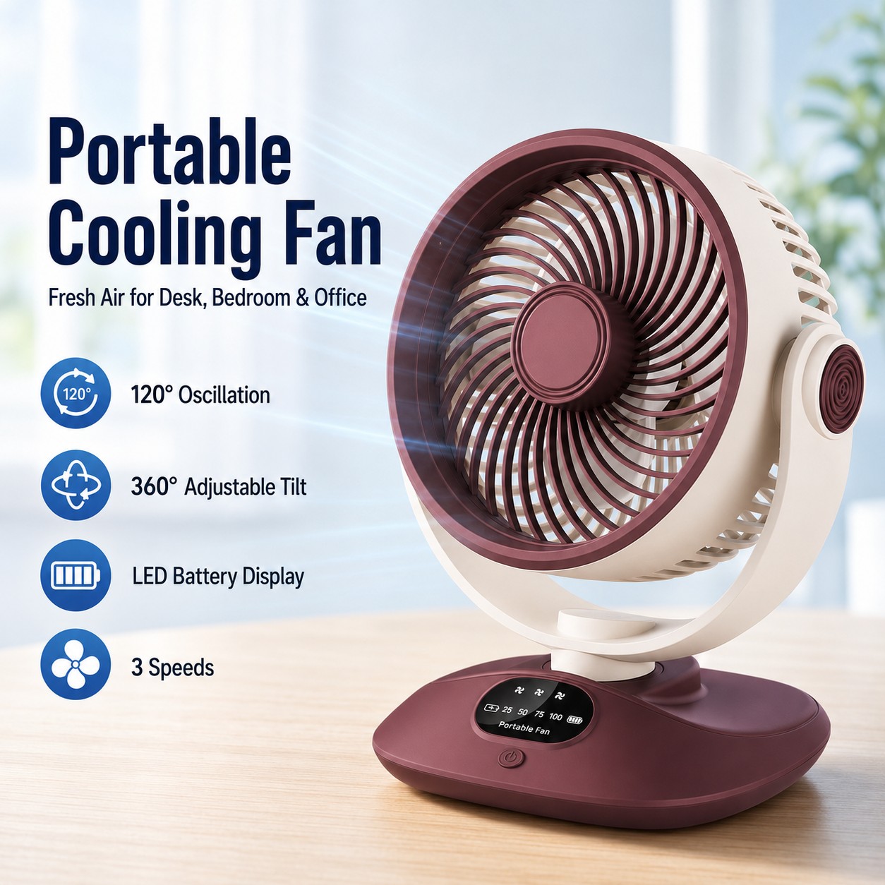 Outdoor Camping Fan - Desktopventilator Oplaadbare Turbo-luchtcirculator 3 snelheden LED-display